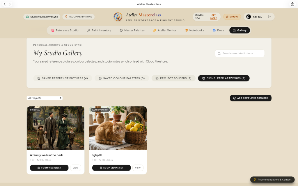 Atelier Masterclass completed artwork records and gallery management interface